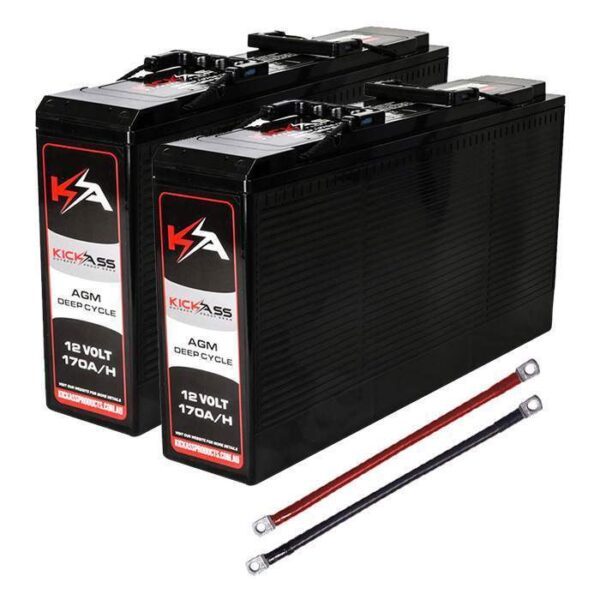 KICKASS TWIN 12V 170AH SLIMLINE DEEP CYCLE AGM BATTERY BUNDLE WITH LINKING CABLES - 340AH TOTAL CAPACITY