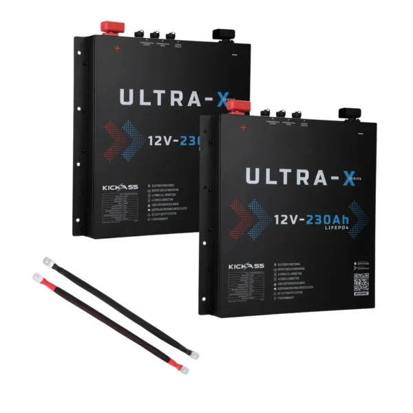 KICKASS TWIN SMART 12V 230AH ULTRA-X LITHIUM SLIMLINE BATTERY BUNDLE WITH LINKING CABLES - 460AH TOTAL CAPACITY