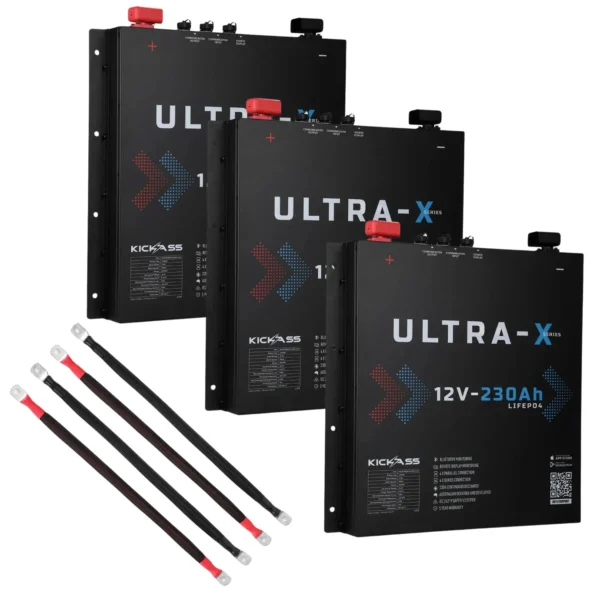 KICKASS TRIPLE SMART 12V 230AH ULTRA-X LITHIUM SLIMLINE BATTERY BUNDLE WITH LINKING CABLES - 690AH TOTAL CAPACITY
