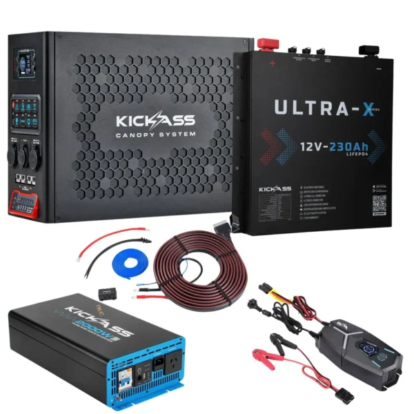 KICKASS CANOPY POWER SYSTEM COMPLETE BUNDLE WITH 12V 230AH SLIMLINE ULTRA-X LITHIUM BATTERY, 2000W INVERTER, 32A CHARGER & WIRING KIT