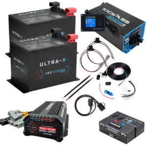 KICKASS TWIN 12V 230AH ULTRA-X COMPACT LITHIUM DUAL BATTERY KIT WITH 3000W INVERTER, 40A DCDC CHARGER, CONTROL BOX & WIRING - 460AH TOTAL CAPACITY