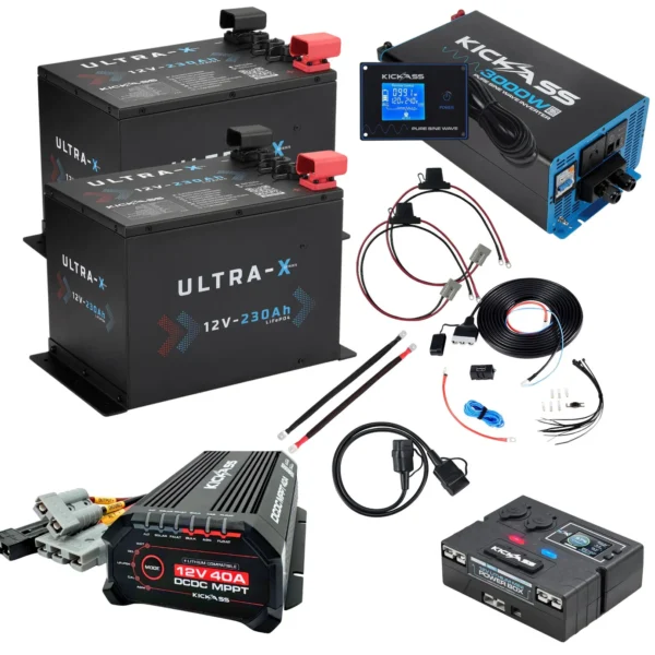 KICKASS TWIN 12V 230AH ULTRA-X COMPACT LITHIUM DUAL BATTERY KIT WITH 3000W INVERTER, 40A DCDC CHARGER, CONTROL BOX & WIRING - 460AH TOTAL CAPACITY