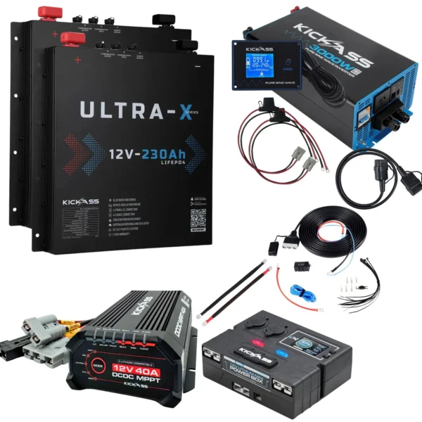 KICKASS TWIN 12V 230AH ULTRA-X SLIMLINE LITHIUM DUAL BATTERY KIT WITH 3000W INVERTER, 40A DCDC CHARGER, CONTROL BOX & WIRING - 460AH TOTAL CAPACITY
