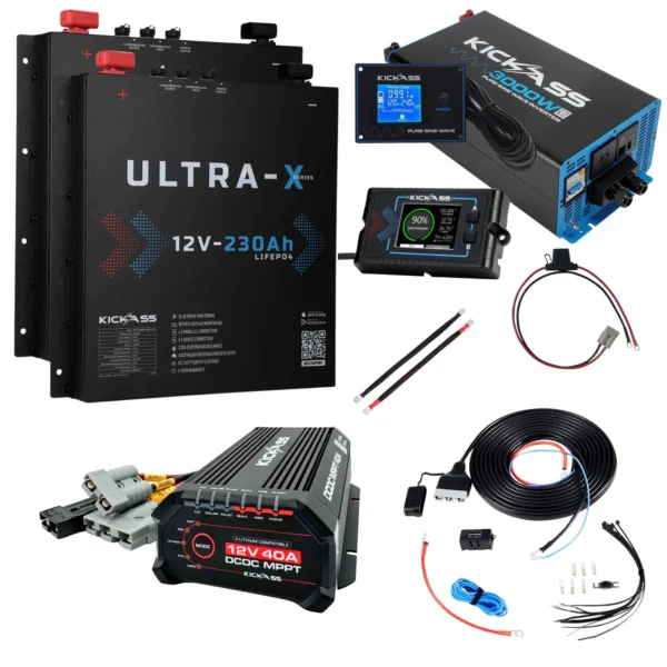 KICKASS TWIN 12V 230AH ULTRA-X SLIMLINE LITHIUM DUAL BATTERY KIT WITH 3000W INVERTER, 40A DCDC CHARGER, DISPLAY PANELS & WIRING - 460AH TOTAL CAPACITY
